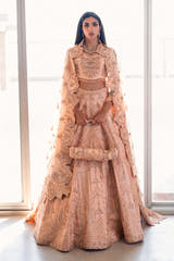 Coral Bliss coral peach Pakistani bridal lehenga choli, full front view with cape-collar choli and embroidered flared lehenga
