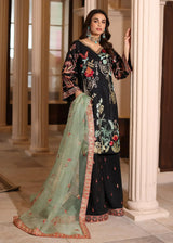 EMBER Black Pakistani formal dress with floral embroidered Raw Silk ensemble by Waqas Shah Official