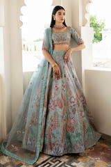 Firoza Bano ice blue Pakistani lehenga choli with organza dupatta – Waqas Shah Official