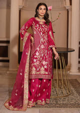 FREESIA Magenta Pakistani formal dress with heavily embroidered Raw Silk ensemble by Waqas Shah Official