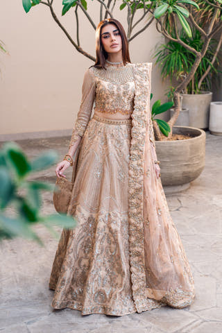 Golden Patel golden Pakistani bridal lehenga choli, full front view with high-neck embellished choli and flared sequin lehenga with zardozi waist belt