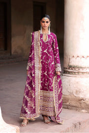 Heer luxury plum purple Pakistani designer dress by Waqas Shah Official featuring a graceful straight-cut silhouette with intricate floral embroidery.