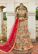 Husna Bano gold Pakistani Mayon Mehndi lehenga by Waqas Shah Official