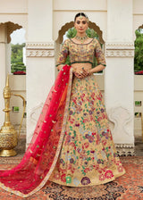 Husna Bano gold Pakistani Mayon Mehndi lehenga by Waqas Shah Official