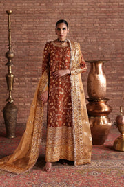 Mahjabeen Rust Brown designer Mehndi dress by Waqas Shah Official featuring luxury floral embroidery, hand embellishments, and an embroidered organza dupatta for Pakistani wedding celebrations