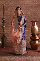 Sohni Royal Blue Embroidered Formal Dress by Waqas Shah Official featuring floral embroidery, peach organza dupatta, and timeless Pakistani designer craftsmanship
