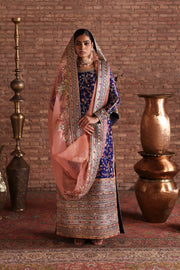 Sohni Royal Blue Embroidered Formal Dress by Waqas Shah Official featuring floral embroidery, peach organza dupatta, and timeless Pakistani designer craftsmanship