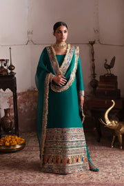 PAYAM Teal Green Designer Mehndi Dress by Waqas Shah Official featuring luxury embroidered borders, embellished organza dupatta, and timeless Pakistani designer craftsmanship