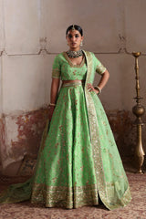 Zeba luxury Pistachio Green Pakistani bridal lehenga by Waqas Shah Official featuring premium Raw Silk with intricate Thread and Tilla embroidery.