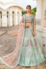 Mah Bano aqua green Pakistani mehndi lehenga choli with peach dupatta – Waqas Shah Official