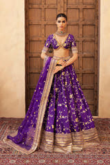 Mahrang purple Pakistani mehndi lehenga choli in Korean raw silk, full front view with organza dupatta
