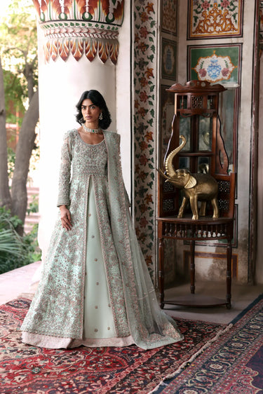 Mint Green Bridal Maxi Gown by Waqas Shah featuring luxury hand zardozi, crystal embellishments and couture bridal embroidery