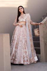 Mystic Rose white Pakistani nikkah lehenga choli, full front view with rose gold embroidered flared lehenga and net dupatta
