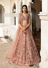 Naz Bano brown Pakistani Mehndi lehenga choli by Waqas Shah Official
