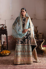 Roshanai luxury black Pakistani designer dress by Waqas Shah Official featuring a timeless straight-cut silhouette with intricate multicolor floral embroidery.