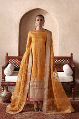 Sahiban luxury mustard gold Pakistani designer dress by Waqas Shah Official featuring handcrafted floral embroidery and an embroidered organza dupatta, available with worldwide shipping.