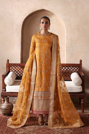 Sahiban luxury mustard gold Pakistani designer dress by Waqas Shah Official featuring handcrafted floral embroidery and an embroidered organza dupatta, available with worldwide shipping.