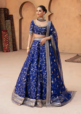 Shahnaaz latest trending luxury mehndi & formal dress & bridal lehenga in Midnight Blue with dabka, naqshi, crystals, and mirror work by Waqas Shah Lahore Pakistan