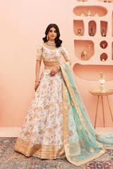 Shahtaaj white Pakistani nikkah lehenga choli with mirror work, full front view with mint organza dupatta