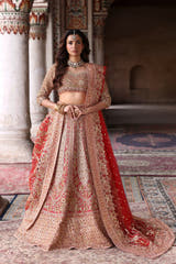 Zarafshan red and antique gold bridal lehenga choli with zardozi and dabka hand embroidery by Waqas Shah Official