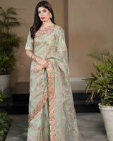 ZARMINY Coral Green Organza saree with Pink border and Jamawar Choli by Waqas Shah Official
