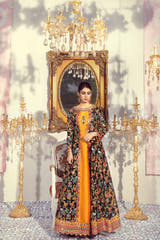 Black and Mustard Raw Silk Designer Maxi featuring intricate traditional handwork by Waqas Shah Official