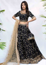 Black Raw Silk bridal lehenga with lotus and Jaal embroidery by Waqas Shah Official