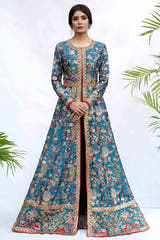 Blue Pakistani Peshwas Mehndi dress with open-front Raw Silk gown by Waqas Shah Official