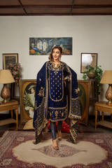 Blue Wedding and Mehndi Dress Shawl with ornate floral embellishment by Waqas Shah Official