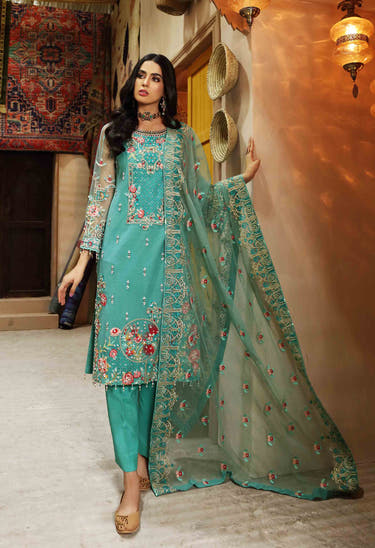 Firozi net shirt with intricate Resham embroidery and hand embellishment by Waqas Shah Official