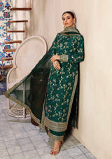 Green Pakistani casual wear outfit featuring Raw Silk shirt and trouser with Organza dupatta by Waqas Shah Official