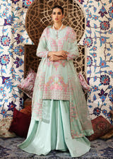 Ice Blue luxury formal dress with embroidered Shirt, Sharara and Dupatta by Waqas Shah Official