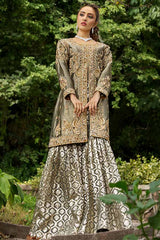 JULIA Ash Gray Mehndi Dress with hand embellished Tissue shirt and Badla Sharara by Waqas Shah Official
