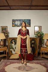 Maroon Pakistani Luxury Mehndi outfit with Velvet shirt Jamawar trouser and Net dupatta by Waqas Shah Official