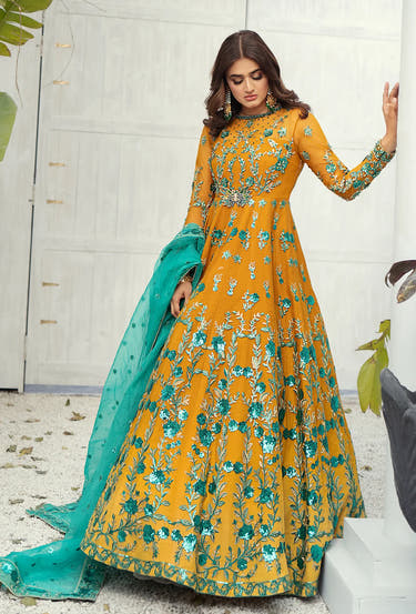 Mustard Designer Bridal Maxi with matching Net dupatta for Pakistani wedding wear by Waqas Shah Official