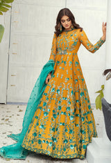 Mustard Designer Bridal Maxi with matching Net dupatta for Pakistani wedding wear by Waqas Shah Official