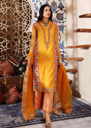 Mustard Pakistani luxury pret suit with multicolor embellished Organza shirt by Waqas Shah Official