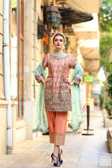 NEELIYA Peach Pakistani Formal Dress with Tissue shirt Raw Silk trouser and Organza dupatta by Waqas Shah Official