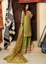 Olive Green Mehndi luxury formal with embellished shirt gharara and dupatta by Waqas Shah Official