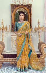 RABIA Yellow Gold Organza saree with Jamawar Choli by Waqas Shah Official