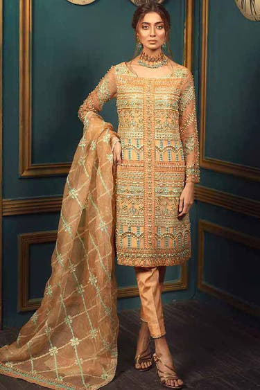 ROSA Peach Nikkah Dress with embellished Kathan Organza shirt by Waqas Shah Official