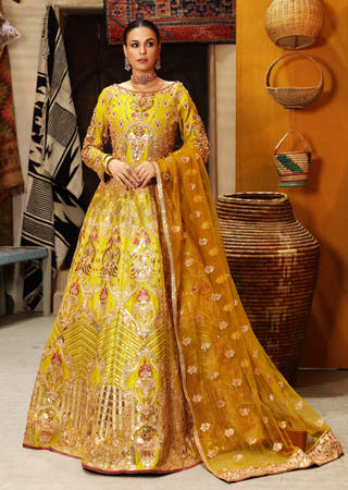 Sunshine Pakistani maxi with moss green embellishment and net dupatta by Waqas Shah Official