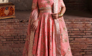 Avnoor salmon pink Pakistani bridal lehenga choli in Korean raw silk with aari tilla work, full front view