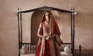 Simran red bridal lehenga choli in pure raw silk from the Shakuntala collection by Waqas Shah