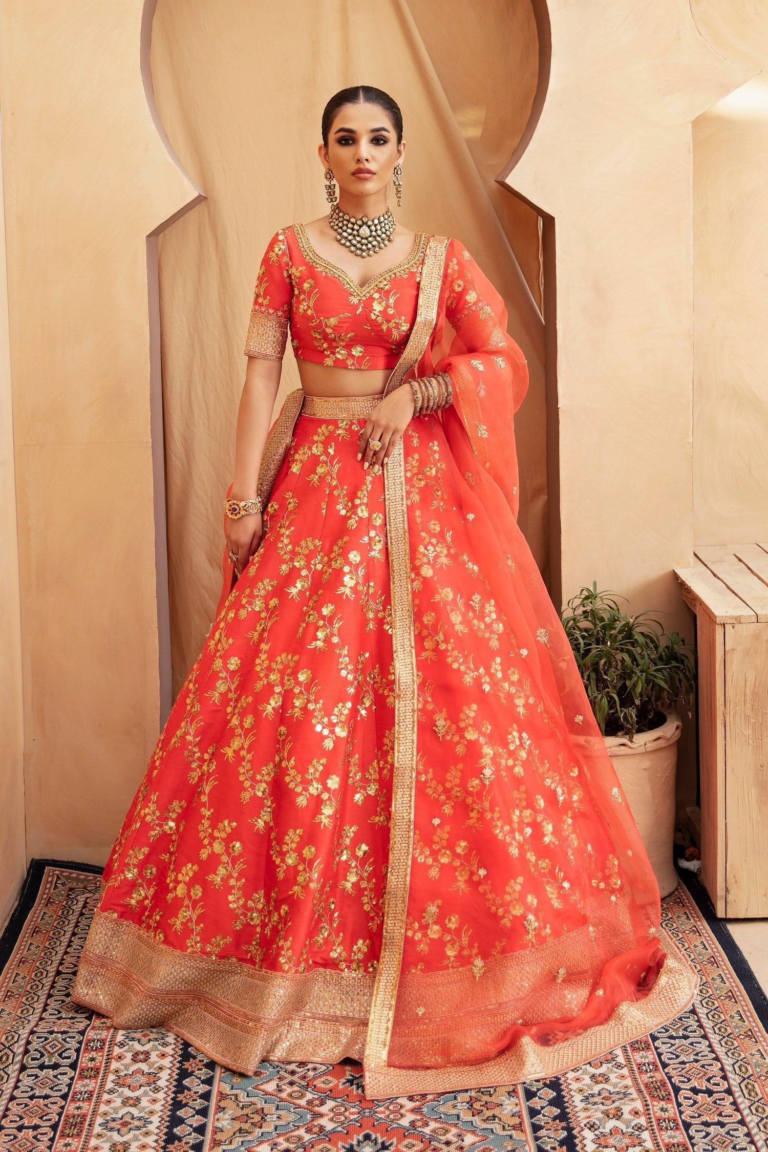 Aarohi orange Pakistani mayoun and mehndi lehenga choli by Waqas Shah