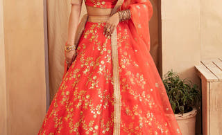 Aarohi orange Pakistani mayoun and mehndi lehenga choli by Waqas Shah