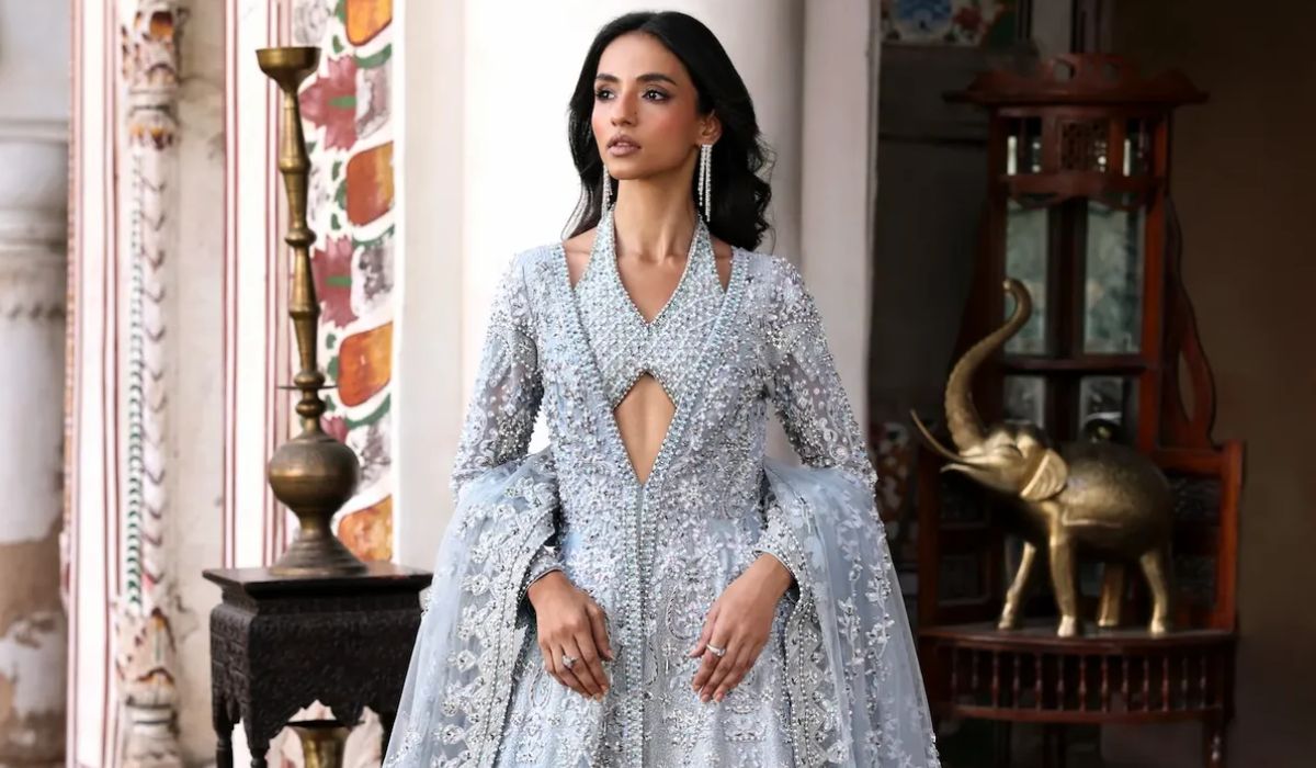Luxury Misty Blue Pakistani bridal open front gown with handcrafted lehenga choli by Waqas Shah Official