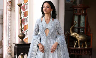 Luxury Misty Blue Pakistani bridal open front gown with handcrafted lehenga choli by Waqas Shah Official