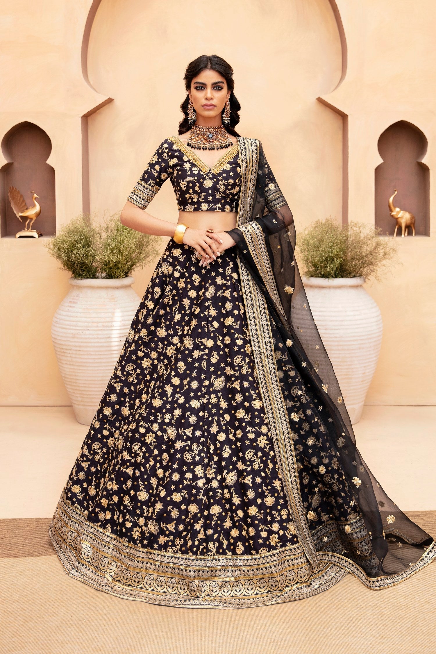 Lakshmi black Pakistani qawali night and mehndi lehenga choli by Waqas Shah