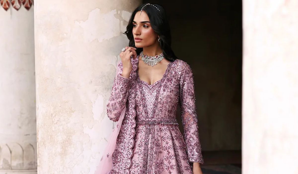 Roshni mauve lilac luxury Pakistani bridal dress with open-front gown and flared lehenga by Waqas Shah Official